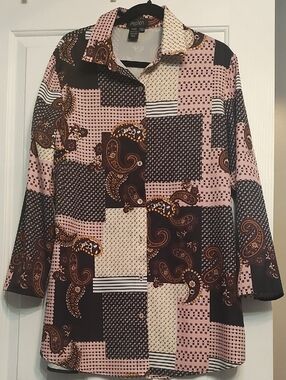 Papillon Blanc Pink & Brown Patchwork Paisley Button-Down Shirt/Dress